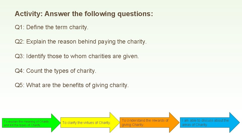 Activity: Answer the following questions: Q 1: Define the term charity. Q 2: Explain