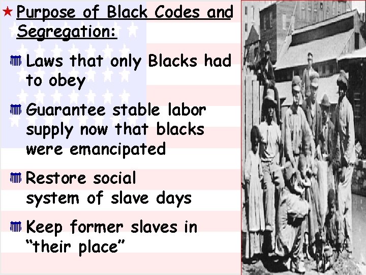  « Purpose of Black Codes and Segregation: * Laws that only Blacks had