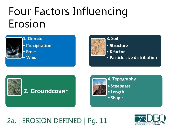 Four Factors Influencing Erosion 1. Climate 3. Soil • Precipitation • Frost • Wind Four Factors Influencing Erosion 1. Climate 3. Soil • Precipitation • Frost • Wind
