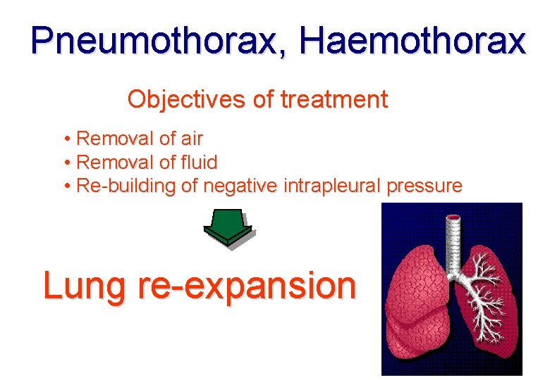 Pneumothorax, Haemothorax Objectives of treatment • Removal of air • Removal of fluid •