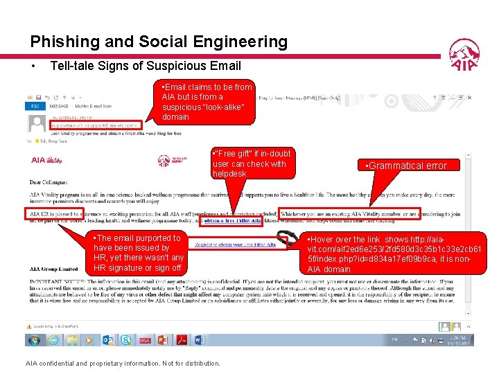 Phishing and Social Engineering • Tell-tale Signs of Suspicious Email • Email claims to