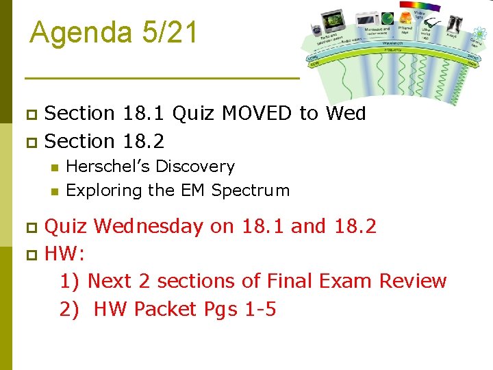 Agenda 5/21 Section 18. 1 Quiz MOVED to Wed p Section 18. 2 p