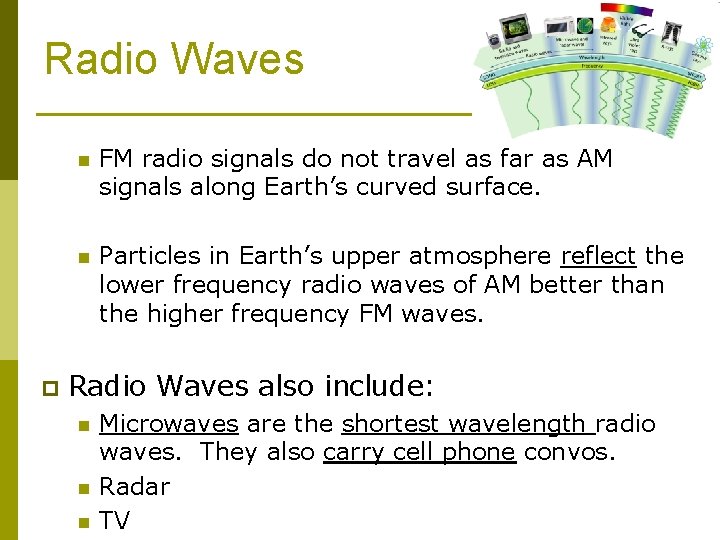 Radio Waves p n FM radio signals do not travel as far as AM