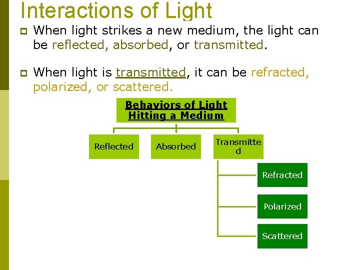 Interactions of Light p When light strikes a new medium, the light can be