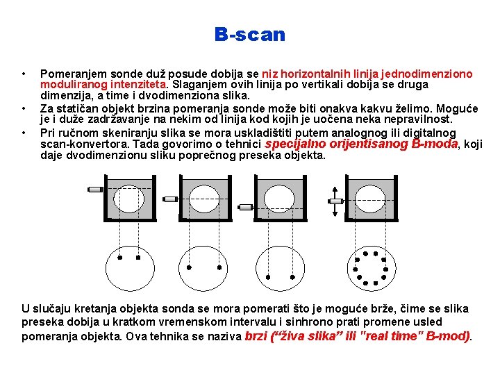 B-scan • • • Pomeranjem sonde duž posude dobija se niz horizontalnih linija jednodimenziono