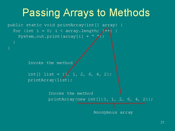 Passing Arrays to Methods public static void print. Array(int[] array) { for (int i