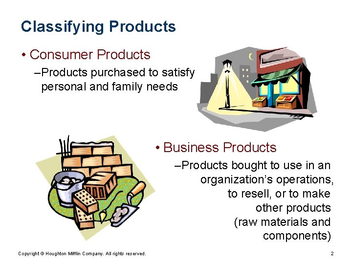Classifying Products • Consumer Products – Products purchased to satisfy personal and family needs