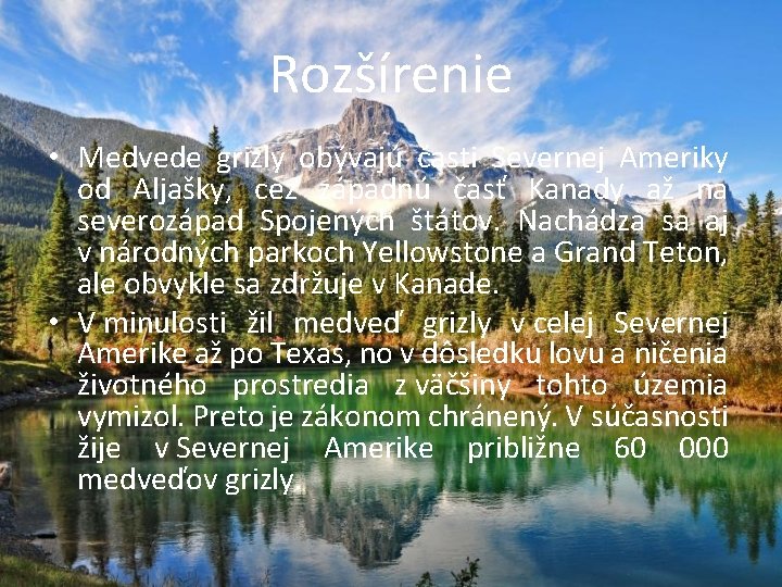 Rozšírenie • Medvede grizly obývajú časti Severnej Ameriky od Aljašky, cez západnú časť Kanady