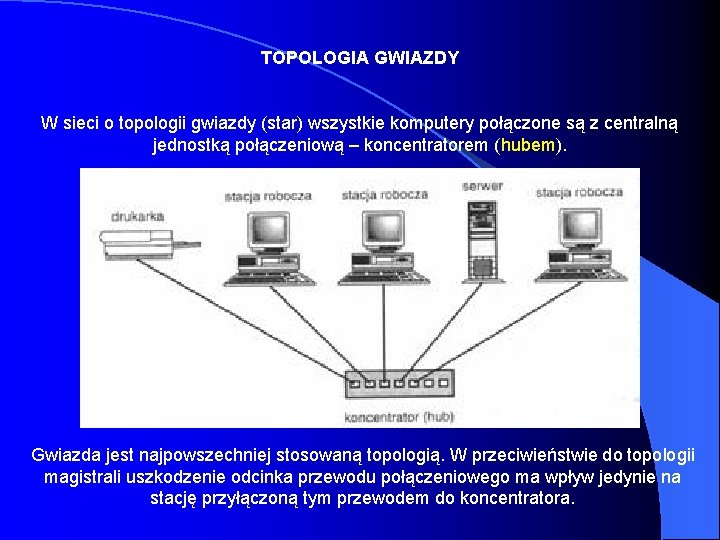 TOPOLOGIA GWIAZDY W sieci o topologii gwiazdy (star) wszystkie komputery połączone są z centralną