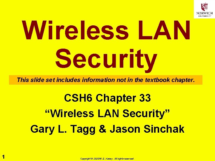 Wireless LAN Security This slide set includes information not in the textbook chapter. CSH