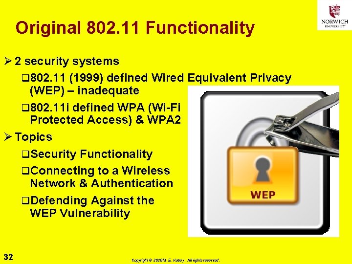 Original 802. 11 Functionality Ø 2 security systems q 802. 11 (1999) defined Wired