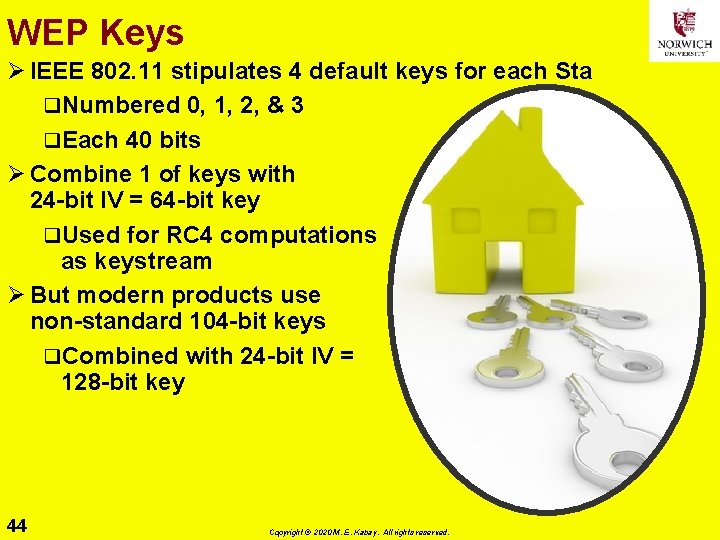 WEP Keys Ø IEEE 802. 11 stipulates 4 default keys for each Sta q.