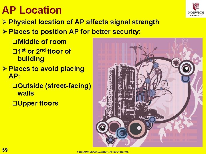 AP Location Ø Physical location of AP affects signal strength Ø Places to position