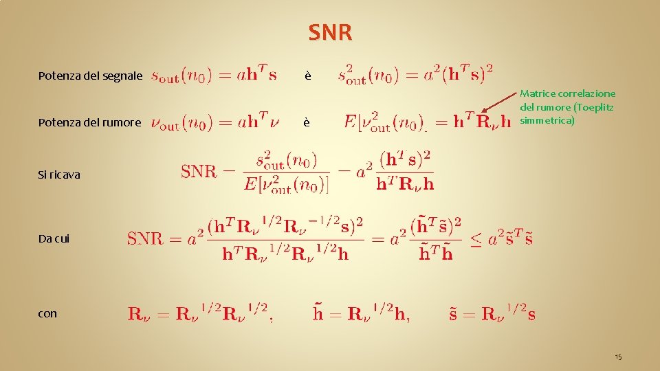 SNR Potenza del segnale Potenza del rumore è è Matrice correlazione del rumore (Toeplitz