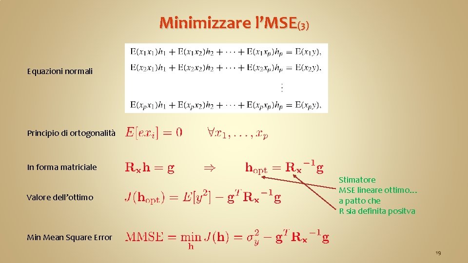 Minimizzare l’MSE(3) Equazioni normali Principio di ortogonalità In forma matriciale Valore dell’ottimo Stimatore MSE