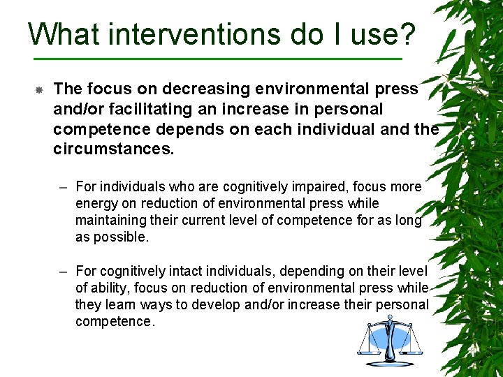 What interventions do I use? The focus on decreasing environmental press and/or facilitating an