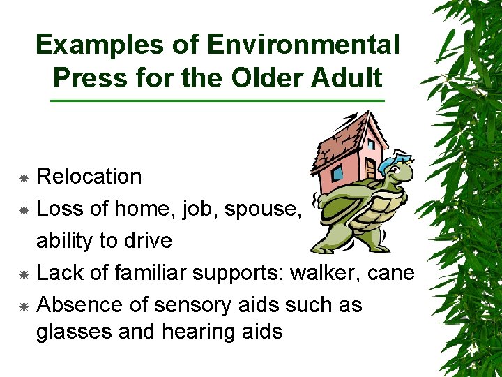 Examples of Environmental Press for the Older Adult Relocation Loss of home, job, spouse,