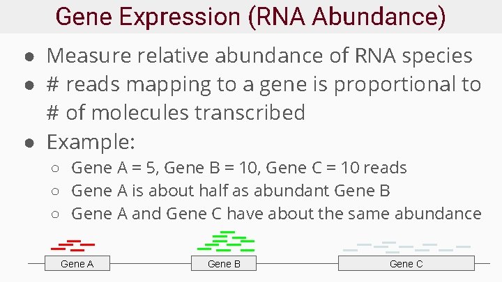 Gene Expression (RNA Abundance) ● Measure relative abundance of RNA species ● # reads