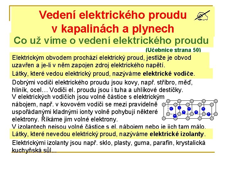Vedení elektrického proudu v kapalinách a plynech Co už víme o vedení elektrického proudu Vedení elektrického proudu v kapalinách a plynech Co už víme o vedení elektrického proudu