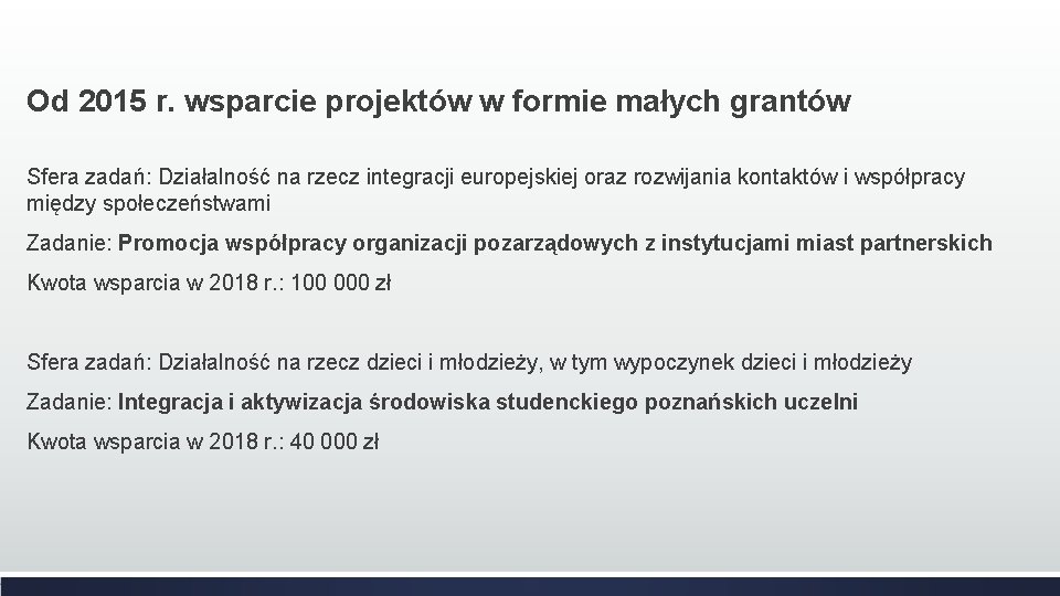 Od 2015 r. wsparcie projektów w formie małych grantów Sfera zadań: Działalność na rzecz