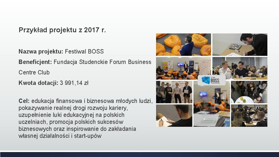 Przykład projektu z 2017 r. Nazwa projektu: Festiwal BOSS Beneficjent: Fundacja Studenckie Forum Business