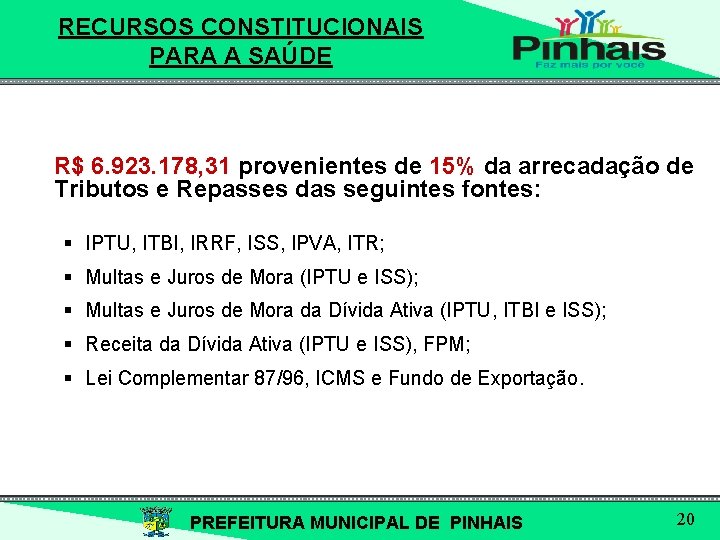 RECURSOS CONSTITUCIONAIS PARA A SAÚDE R$ 6. 923. 178, 31 provenientes de 15% da