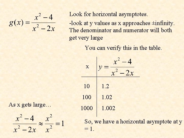 Look for horizontal asymptotes. -look at y values as x approaches ±infinity. The denominator