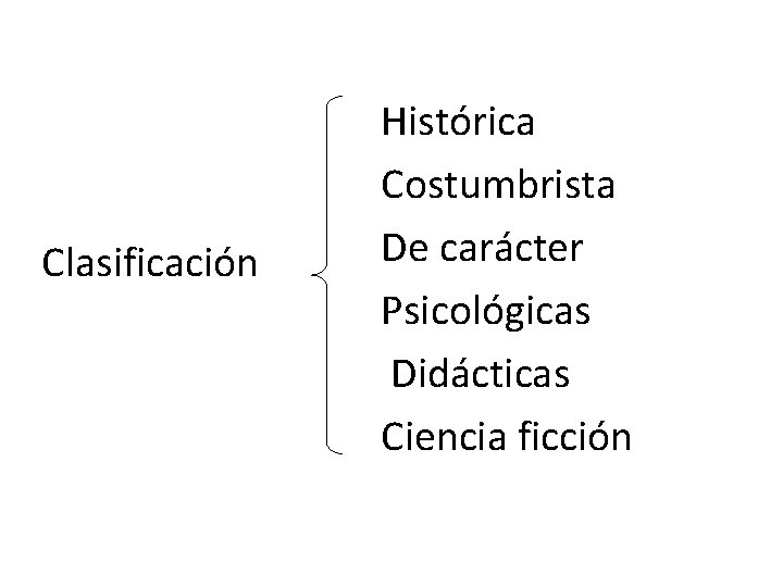 Clasificación Histórica Costumbrista De carácter Psicológicas Didácticas Ciencia ficción 