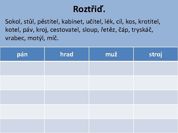 Roztřiď. Sokol, stůl, pěstitel, kabinet, učitel, lék, cíl, kos, krotitel, kotel, páv, kroj, cestovatel, Roztřiď. Sokol, stůl, pěstitel, kabinet, učitel, lék, cíl, kos, krotitel, kotel, páv, kroj, cestovatel,