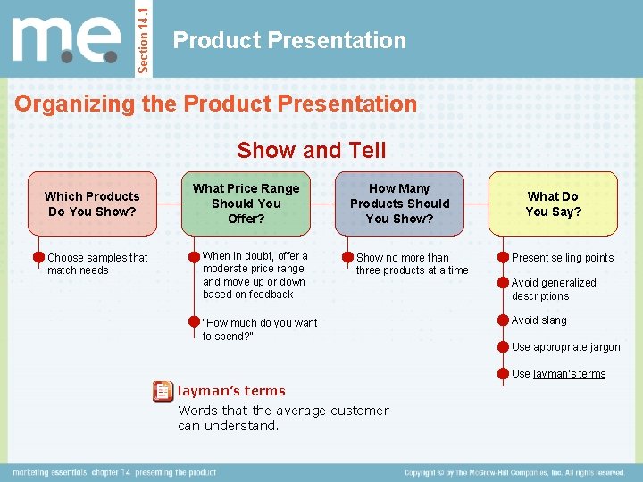 Section 14. 1 Product Presentation Organizing the Product Presentation Show and Tell Which Products