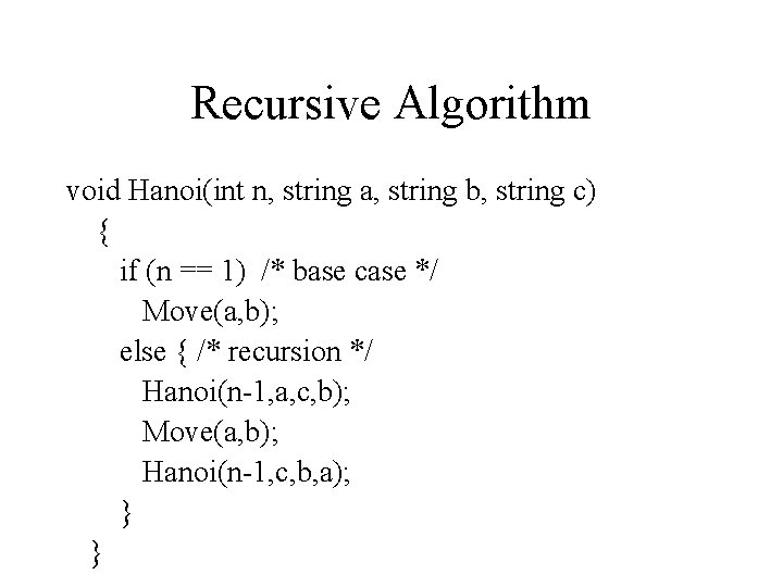 Recursive Algorithm void Hanoi(int n, string a, string b, string c) { if (n