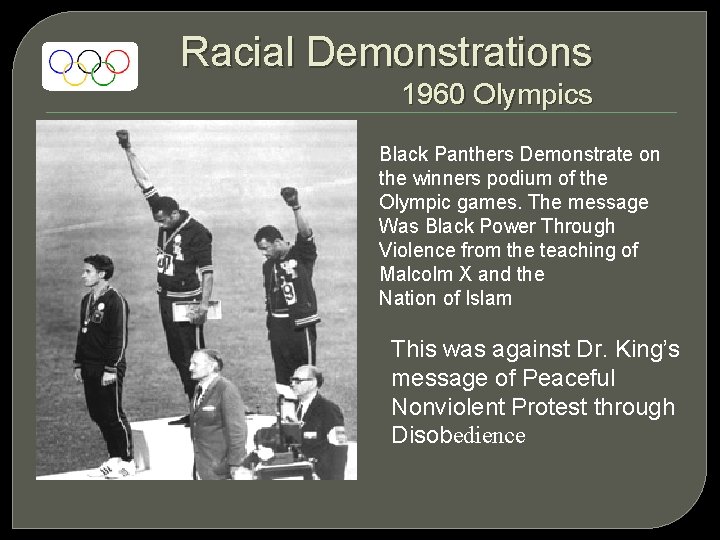 Racial Demonstrations 1960 Olympics Black Panthers Demonstrate on the winners podium of the Olympic Racial Demonstrations 1960 Olympics Black Panthers Demonstrate on the winners podium of the Olympic