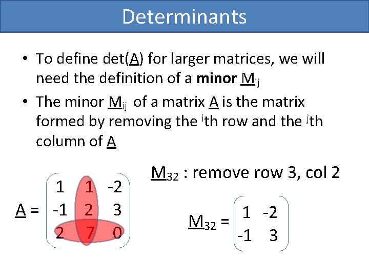 Determinants • To define det(A) for larger matrices, we will need the definition of Determinants • To define det(A) for larger matrices, we will need the definition of