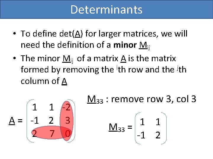 Determinants • To define det(A) for larger matrices, we will need the definition of Determinants • To define det(A) for larger matrices, we will need the definition of