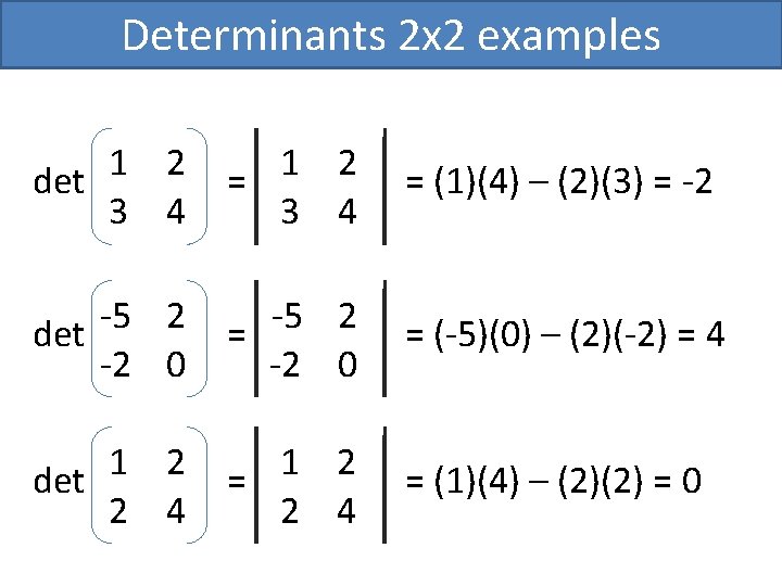 Determinants 2 x 2 examples 1 2 det 3 4 1 2 = 3 Determinants 2 x 2 examples 1 2 det 3 4 1 2 = 3