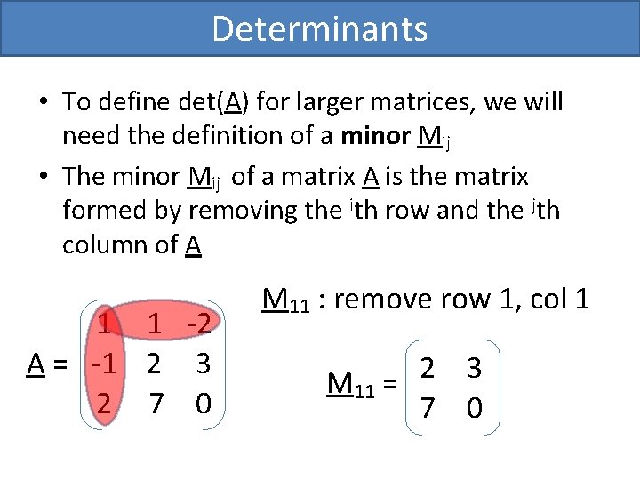 Determinants • To define det(A) for larger matrices, we will need the definition of Determinants • To define det(A) for larger matrices, we will need the definition of
