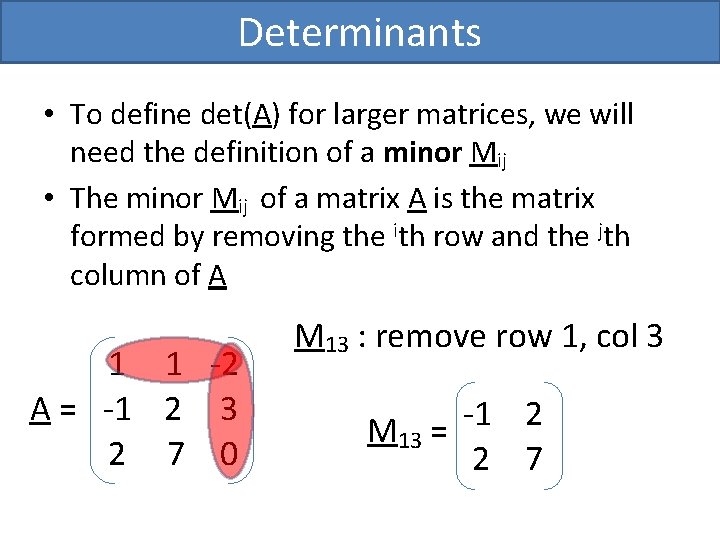 Determinants • To define det(A) for larger matrices, we will need the definition of Determinants • To define det(A) for larger matrices, we will need the definition of