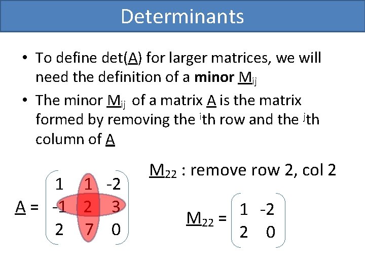 Determinants • To define det(A) for larger matrices, we will need the definition of Determinants • To define det(A) for larger matrices, we will need the definition of