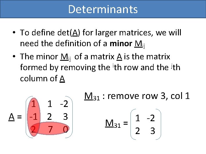 Determinants • To define det(A) for larger matrices, we will need the definition of Determinants • To define det(A) for larger matrices, we will need the definition of