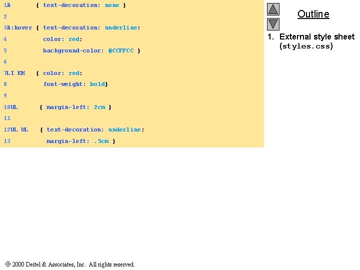 1 A { text-decoration: none } 2 Outline 3 A: hover { text-decoration: underline;