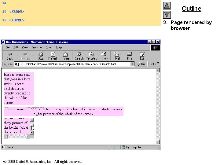 34 35 </BODY> 36 </HTML> 2000 Deitel & Associates, Inc. All rights reserved. Outline
