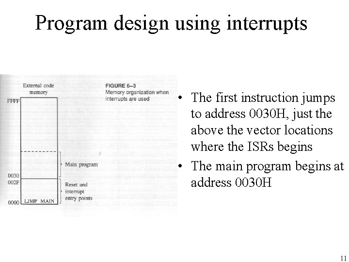 Program design using interrupts • The first instruction jumps to address 0030 H, just