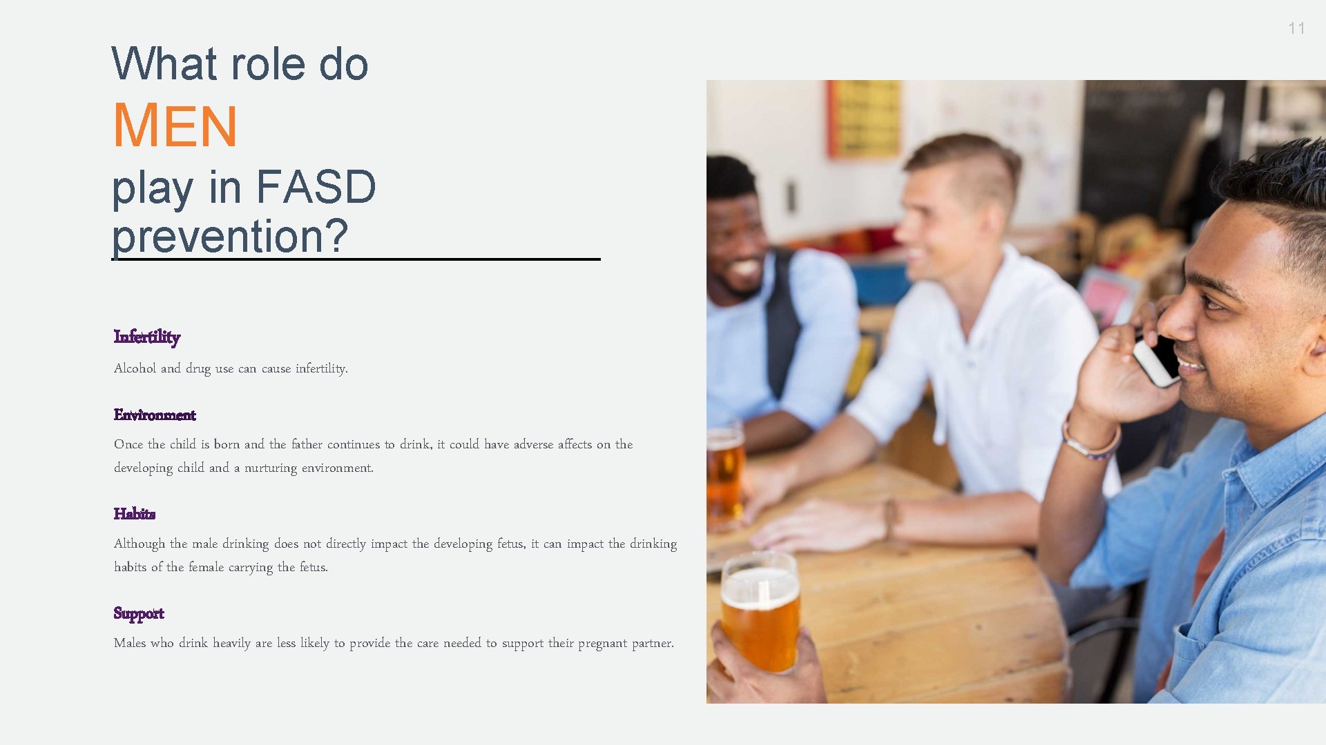 11 What role do MEN play in FASD prevention? Infertility Alcohol and drug use