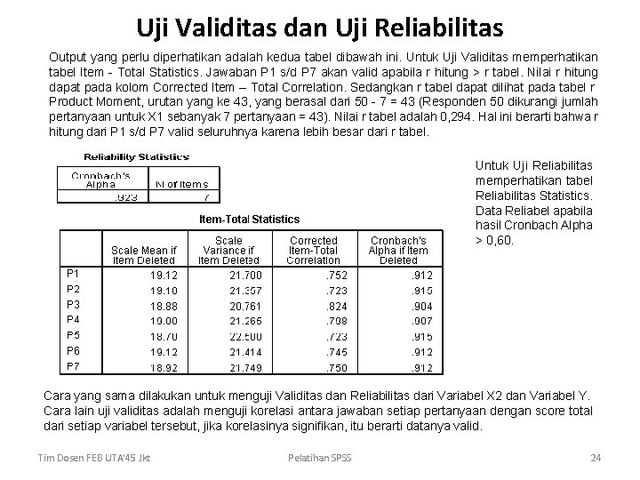 Uji Validitas dan Uji Reliabilitas Output yang perlu diperhatikan adalah kedua tabel dibawah ini.