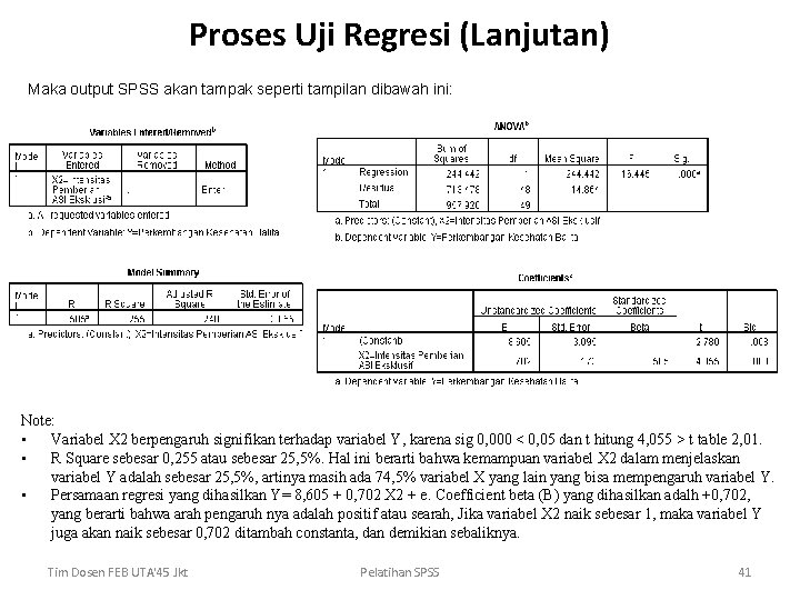 Proses Uji Regresi (Lanjutan) Maka output SPSS akan tampak seperti tampilan dibawah ini: Note: