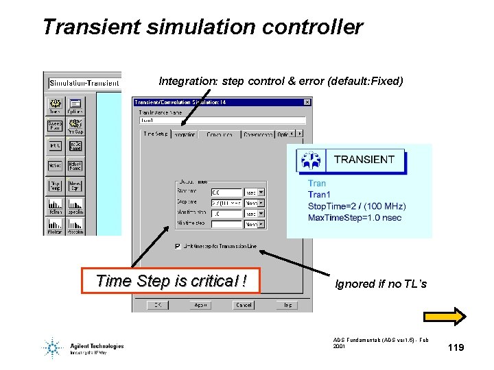 Transient simulation controller Integration: step control & error (default: Fixed) Time Step is critical Transient simulation controller Integration: step control & error (default: Fixed) Time Step is critical