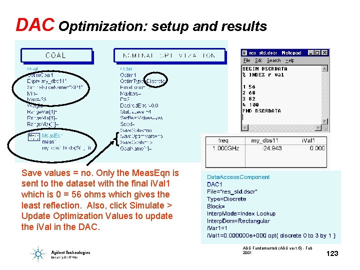DAC Optimization: setup and results Save values = no. Only the Meas. Eqn is DAC Optimization: setup and results Save values = no. Only the Meas. Eqn is
