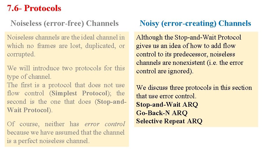 7. 6 - Protocols Noiseless (error-free) Channels Noiseless channels are the ideal channel in