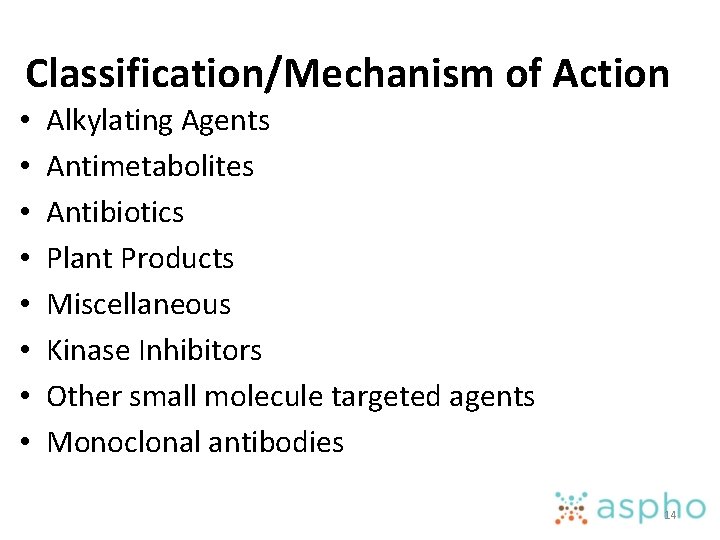 Classification/Mechanism of Action • • Alkylating Agents Antimetabolites Antibiotics Plant Products Miscellaneous Kinase Inhibitors