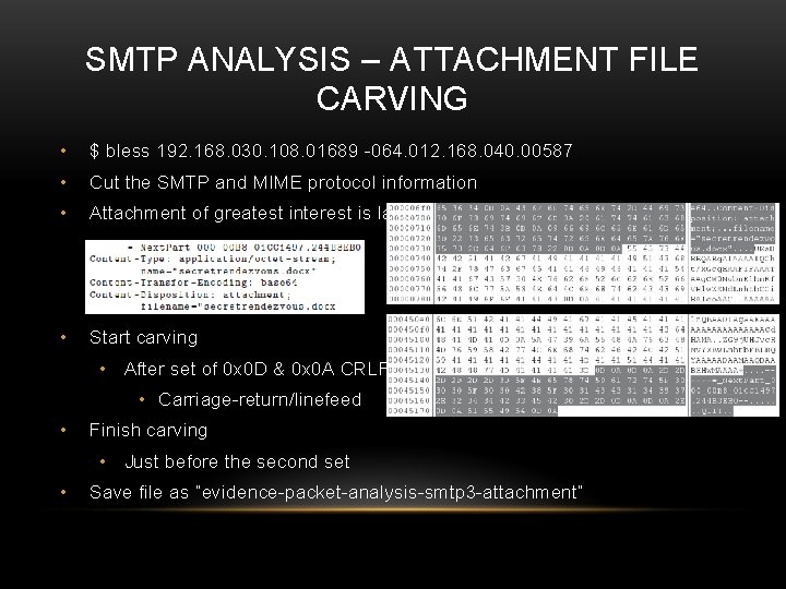 SMTP ANALYSIS – ATTACHMENT FILE CARVING • $ bless 192. 168. 030. 108. 01689